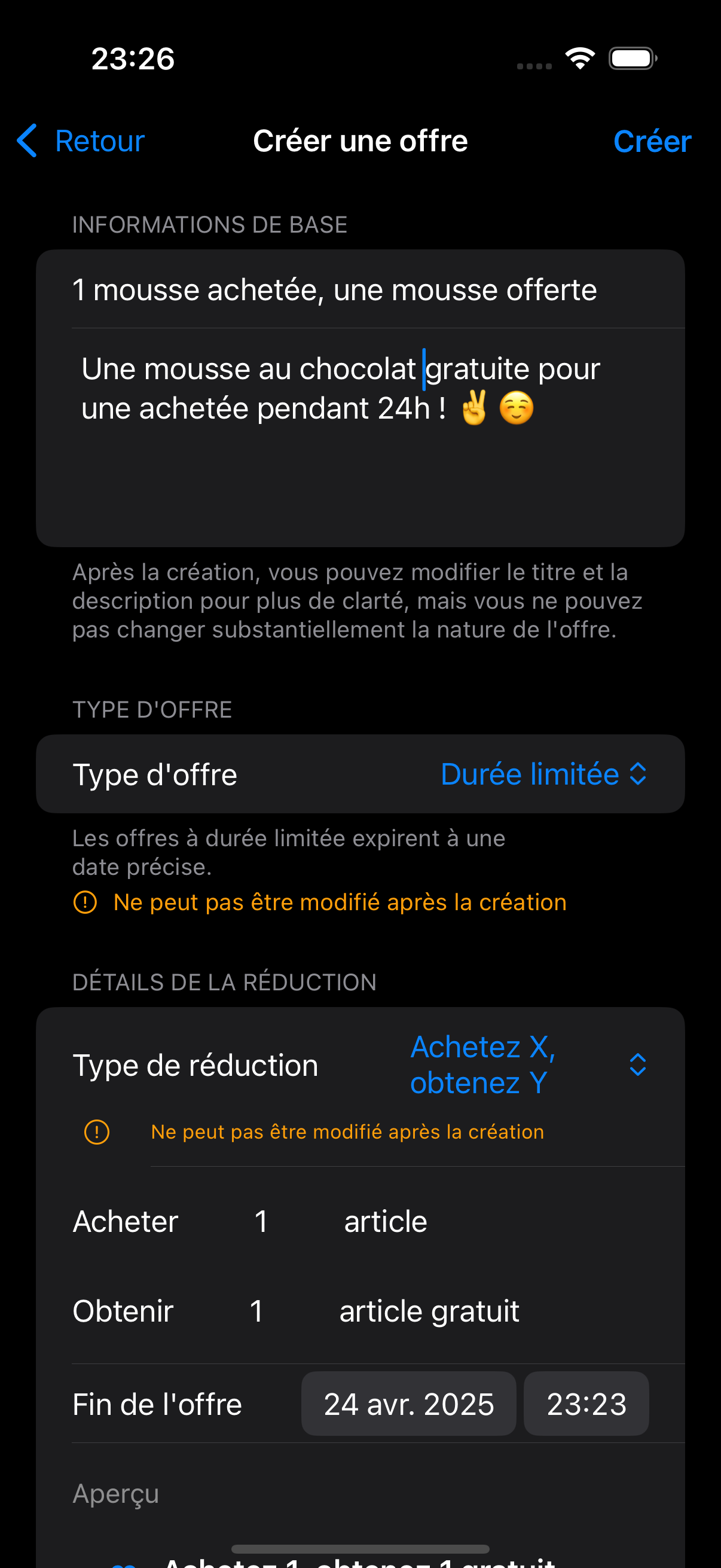 Interface de création d'offres sur Y