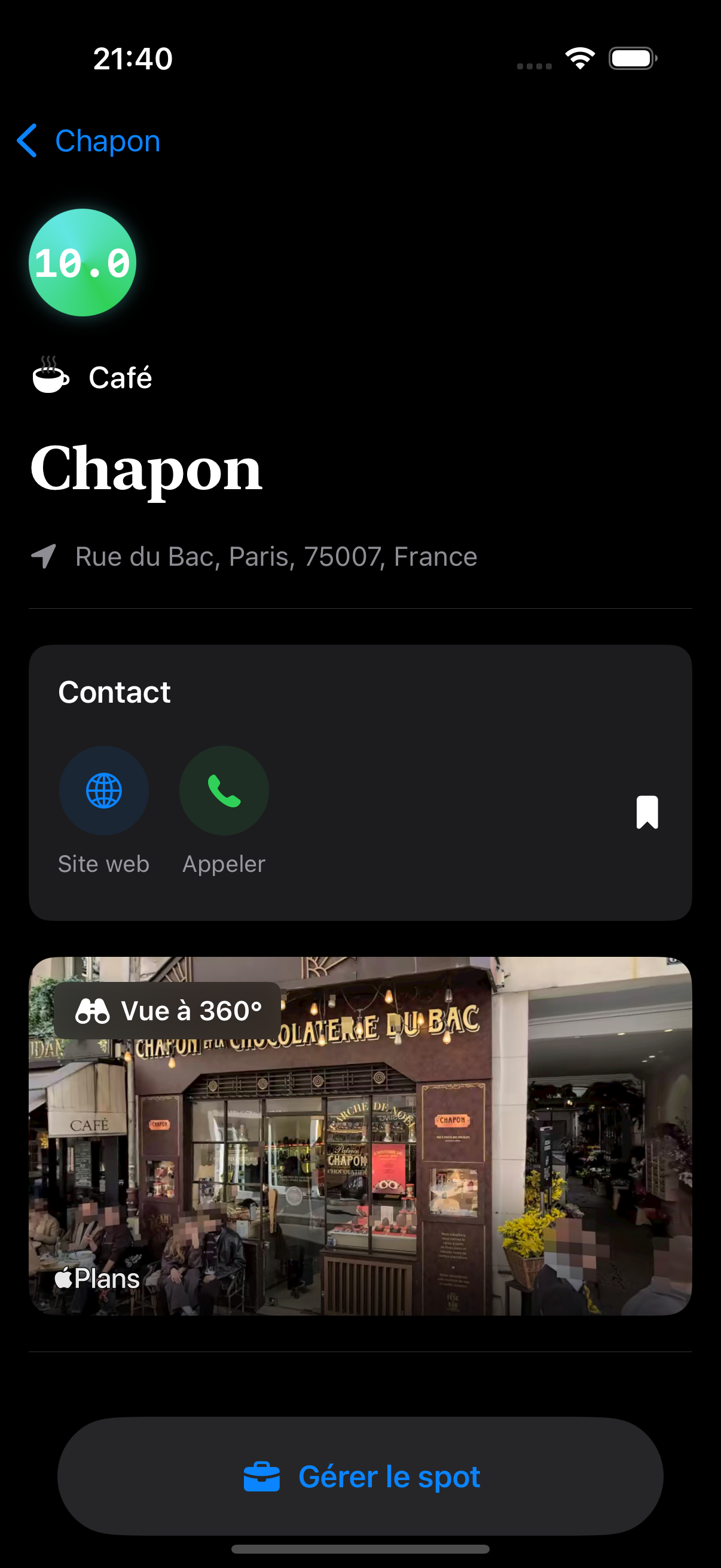 Page de détails du spot avant amélioration